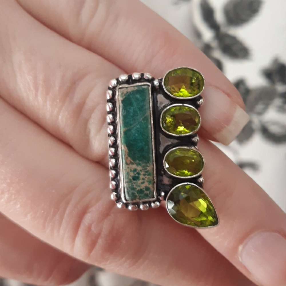 New Sea Sediment Jasper & Peridot 925 Silver Ring.